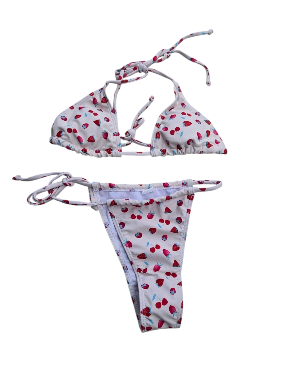NWOT White Triangle Bikini Set String Ties Red Cherry Strawberry Juniors Small